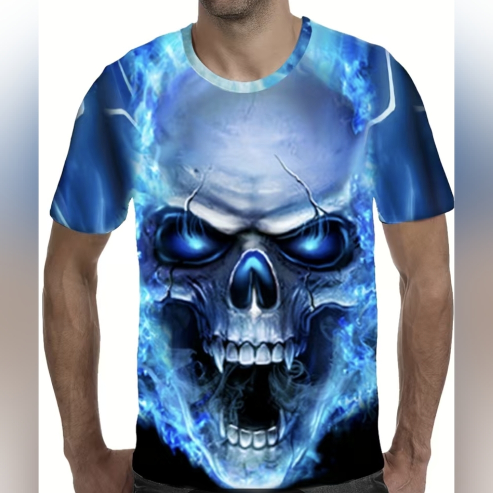 Men's Blue Skull T-shirt Novelty 3D Digital Print Medium (38) NWT